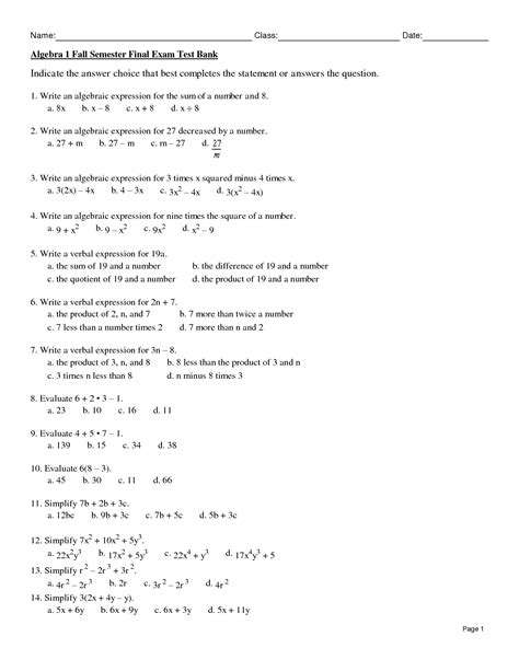 7 6 d. . Algebra 1 semester 1 final exam pdf
